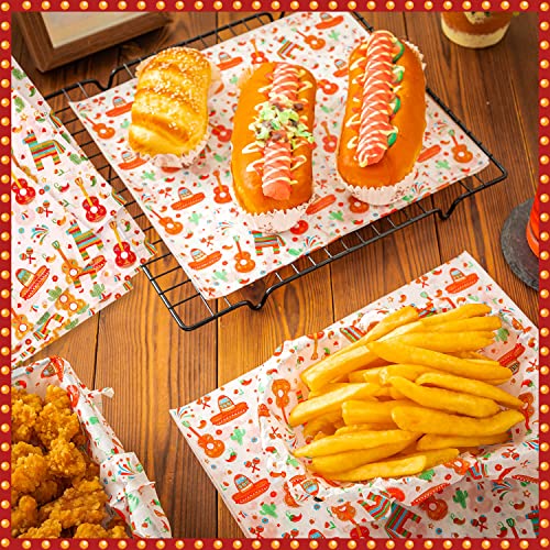 100 Pcs Fiesta Wax Paper for Food, Cinco De Mayo Wax Paper Sheets Deli Paper Sandwich Wrap Candy Wraps, Waterproof Oil-proof Picnic Basket Liners with Guitar Pattern for Kitchen Handmade Food(White) - color: Fiesta-white