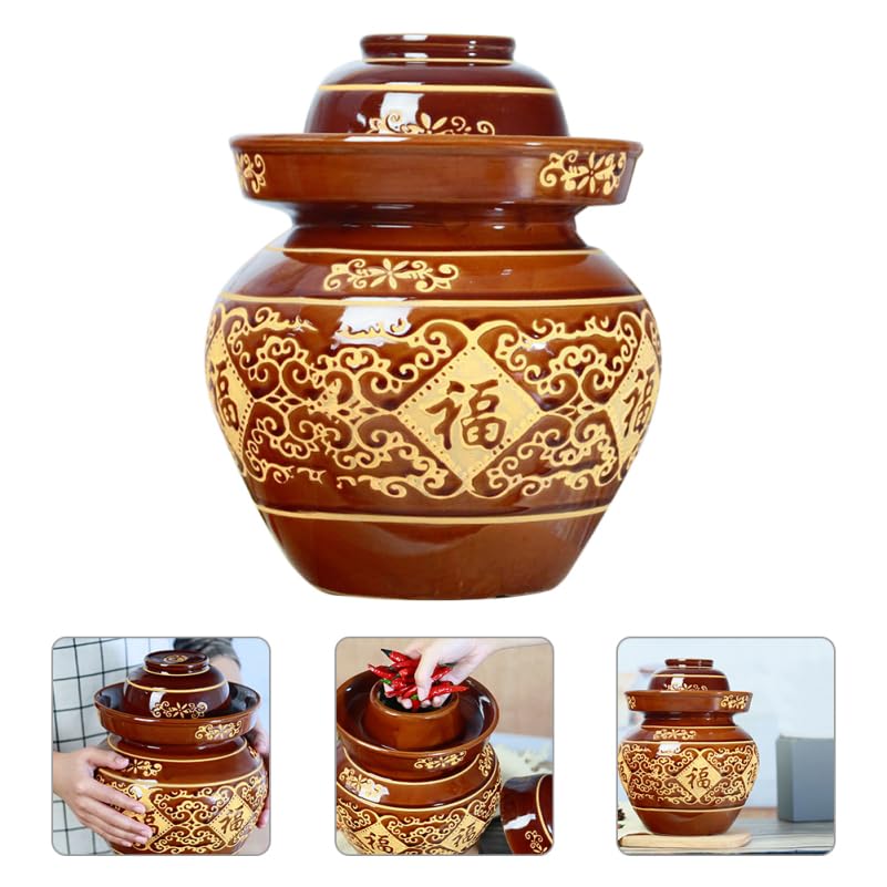 ULTECHNOVO Earthenware Pickle Jar 4lb Thickened Ceramic Chinese Kimchi Crock with Sealed Lid for Vegetable Fermenting and Sauerkraut Storage, Traditional Pottery Jar for Home Use