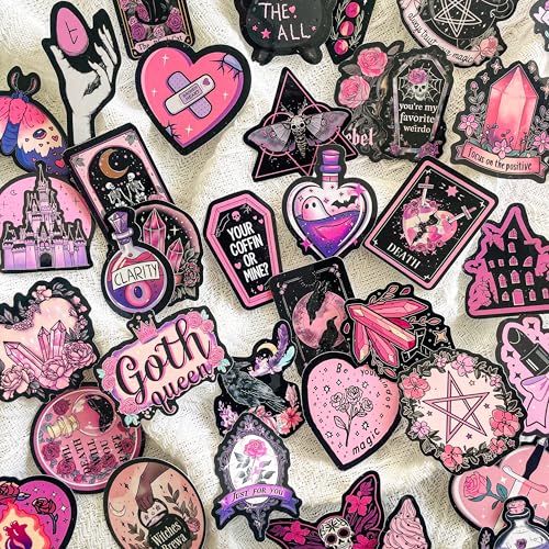 50-Piece Pink Goth Witch Sticker - Pastel Gothic Stickers with Skulls, Crystals, Cats, Tarot Cards, Spooky Quotes - Waterproof Vinyl for Laptops, Scrapbooks, Water Bottles - color: Pink Goth