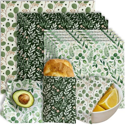 Beeswax Food Wraps, Botanical Leaves Wrap, 9 Pack Eco-Friendly Food Storage, Organic, Sustainable, Biodegradable, Zero Waste, Plastic-Free, For Sandwich, Bowl, Bread, 1XL, 3M, 5S - color: Green Botanical1