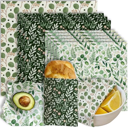 Beeswax Food Wraps, Botanical Leaves Wrap, 9 Pack Eco-Friendly Food Storage, Organic, Sustainable, Biodegradable, Zero Waste, Plastic-Free, For Sandwich, Bowl, Bread, 1XL, 3M, 5S - color: Green Botanical1