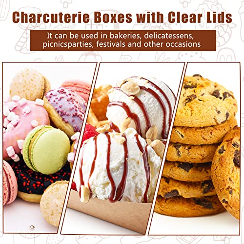 PerKoop 100 Pack 4 Inch and 5 Inch Paper Charcuterie Boxes with Clear Plastic Lid Bulk Disposable Food Containers Box with Brown Rope for Cake Slice Bakery Sandwich Desserts Pastry Fruit Snack Cheese