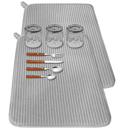 2 Pack Large Dish Drying Mat for Kitchen Counter,24*17 inch Microfiber Absorbent Dish Drainer,Large Size Dish Drying Pad for Countertops,Draining Racks,Sinks(Gray)