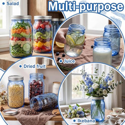 SUT Blue Wide Mouth Mason Jars 32 oz,9 Pack Glass Jars with Airtight lid, Canning jars for Preserving, Jam, Honey, Jelly, Wedding Favors, Sauces, Meal Prep, Overnight Oats, Salad - color: Blue