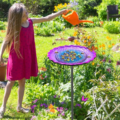 Bee Butterflies Watering Station, Standing Bee Feeder with Glass Marbles for Outside, Bee Bath Feeder with Metal Stakes Butterfly Puddler Garden Yard Déco (Purple) - color: Purple