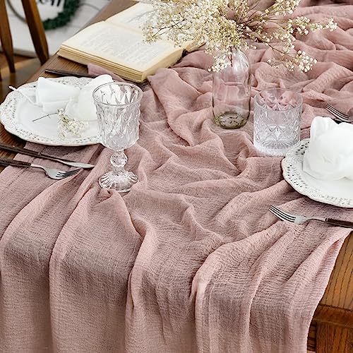 Artoid Mode Boho Cheesecloth Gauze Dusty Pink Wedding Table Runner, 120 Inch Seasonal Fabric Kitchen Dining Holiday Table Decor for Home Party Indoor - color: Dusty Pink, size: 120"