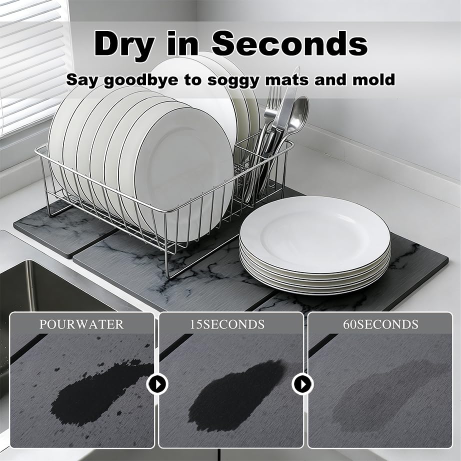 Large Stone Dish Drying Mat for Kitchen Counter,Collapsable Stone Dish Drying Mat with Diatomaceous Earth for Quick Drying-Ultra Absorbent-Eco-Friendly,Foldable -23.6"×15.7" Dark Gray Marble Pattern - color: L22-Dark Grey