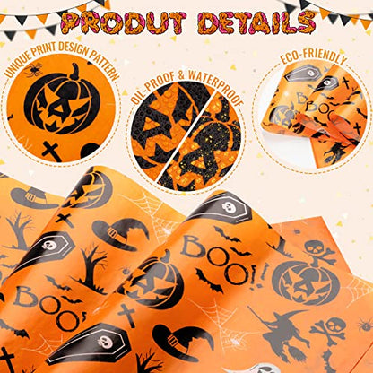 100 Pcs Wax Paper for Food, Halloween Wax Paper Sheets Sandwich Wrap Paper Deli Wraps, Waterproof Oil-proof Picnic Basket Liners with Pumpkin Ghost Hat Pattern for Kitchen Handmade Food - color: Pumpkin