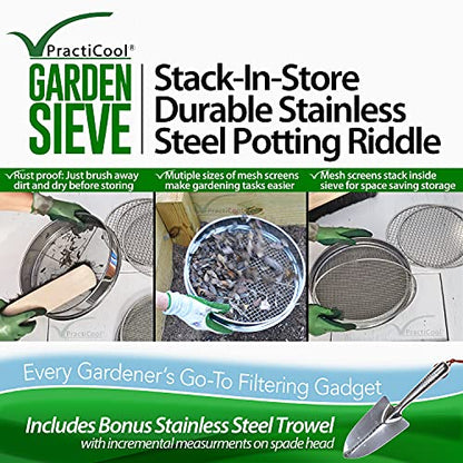 Garden Potting Mix Sieve - Stainless Steel Riddle - Soil sifting pan - with 4 Interchangeable Filter mesh Sizes - 3,6,9,12 mm and Bonus Spade