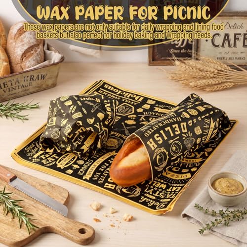 Outus 600 Pcs 12 x 12 Inch Deli Wax Paper Sheets Grease Resistant Tray Basket Liner Newsprint Paper Water and Grease Proof Sandwich Wrapping Square Hot Dog Wrapper for Food Baking (Black,Yellow) - color: Black,Yellow