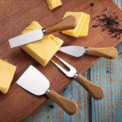 Cheese Knives 6 Set with Wooden Handle, Mini Steel Stainless Cheese knife set for Charcuterie and Cheese spread Mini Serving Tongs Spoons Forks Toothpick Flags for party Wedding Christmas - color: Wood