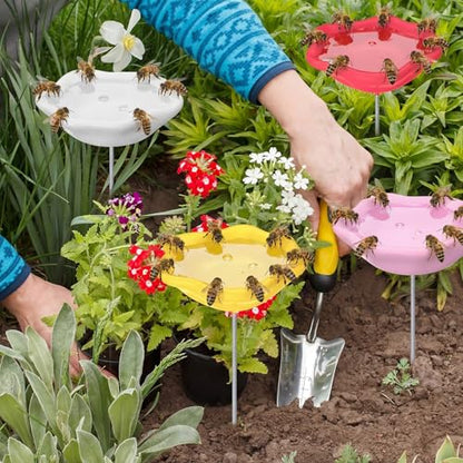 4 Pack Resin Bee Watering Station for Butterfly Garden Cups Bath Bee Feeders for Thirsty Pollinators Outdoor Garden Yard Stakes Decor Flower Design Plastic Free Attracting Glaze(Stylish) - style: Stylish