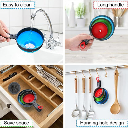 Canning Funnel Set of 3, Large Medium and Small Mouth Size Collapsible Funnel for Transfer Jam Juice Spices and Oil, Filling Mason Jar Supplies Tools Kit, Kitchen Gadget Accessories, Blue, Green, Red