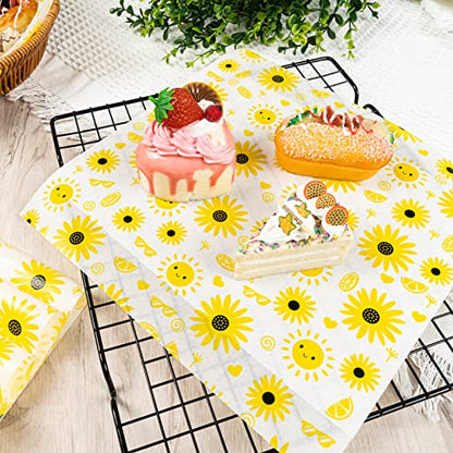 100 Pcs Wax Paper Sheets for Food, Sunflower Wax Papers for Food Sandwich Wrap Paper Deli Wraps, Waterproof Oil-proof Picnic Basket Liners with Sunflower Pattern for Kitchen Handmade Food - color: Sunflower