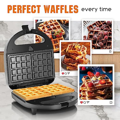 Aigostar Sandwich Maker Panini Press Grill, 3 in 1 Waffle Maker with Removable Non-stick Plates, Electric Grilled Cheese Maker, Portable Cool Touch Handle, Led Indicator Lights & Easy to Clean, 750W - color: Black