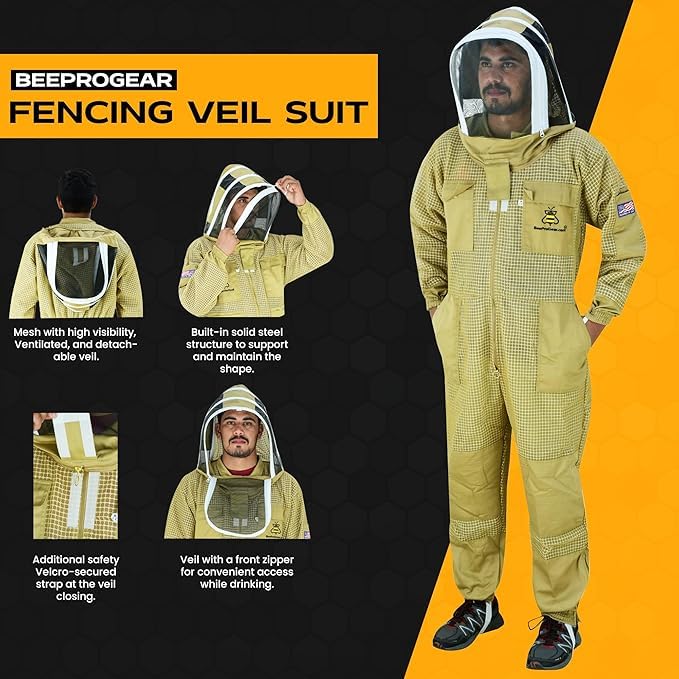 3-Layer Ultra Ventilated Mesh Beekeeping Suit for Men & Women with Veil Sting-Proof Bee Suit with Leather Gloves & Bag - color: Brown F, size: Large