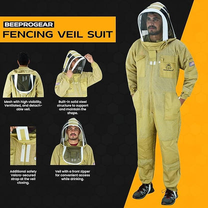 3-Layer Ultra Ventilated Mesh Beekeeping Suit for Men & Women with Veil Sting-Proof Bee Suit with Leather Gloves & Bag - color: Brown F, size: Large