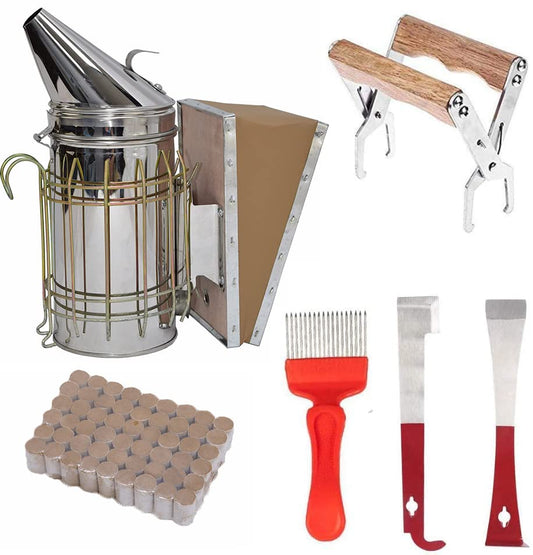 Honey Lake Bee Hive Tool Kit for Beekeeping with Bee Smoker, 54 Pellets, J Hook, L Hook, Frame Holder Grip, Uncapping Fork, Complete Beekeeping Supplies