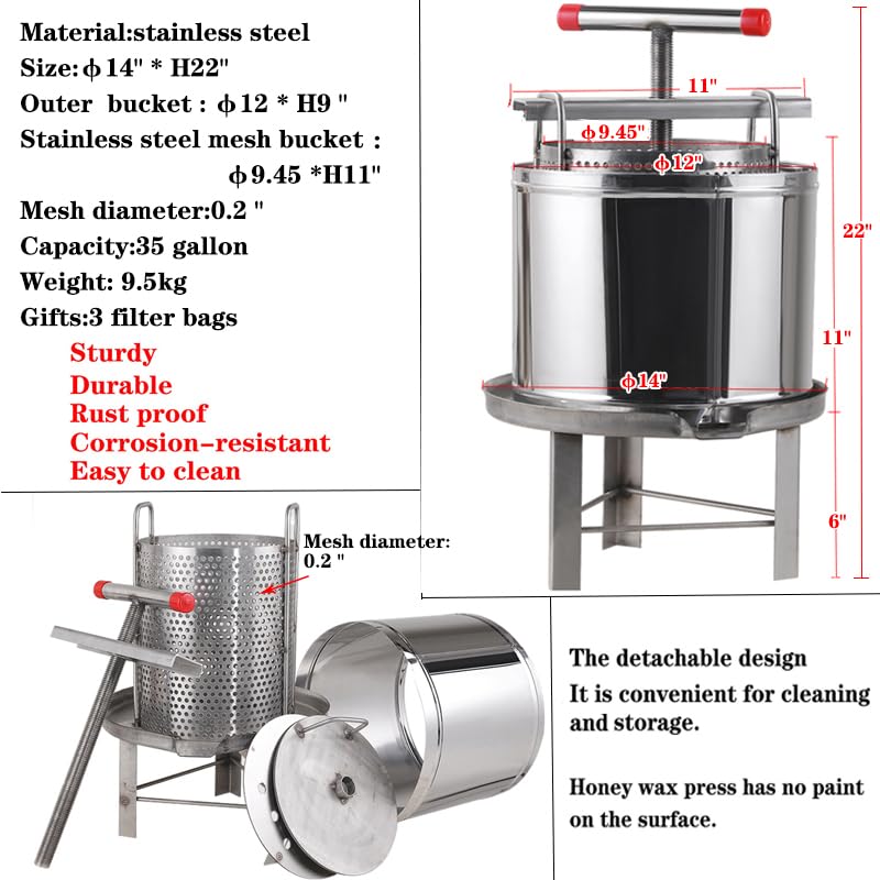 Honey Press Extractor Wax Machine Stainless Steel Honey Press Beeswax Machine Manual Large Bee Honey Presser Fruit Wine Press For Honey Wine Juice Vegetables Olive Oil Making