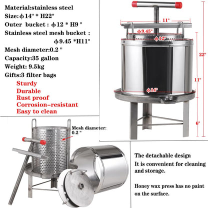 Honey Press Extractor Wax Machine Stainless Steel Honey Press Beeswax Machine Manual Large Bee Honey Presser Fruit Wine Press For Honey Wine Juice Vegetables Olive Oil Making