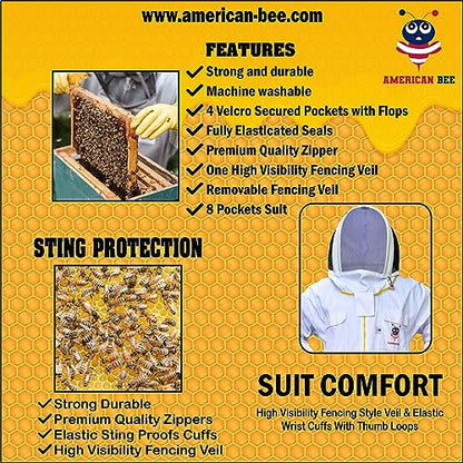 Cotton Beekeeping Suit, Full Body Beekeepers Protective Gear with Fencing Veil Hood, Elastic Cuffs & Breathable Fabric, With Two Pairs of Gloves (2XL) - style: 2xl