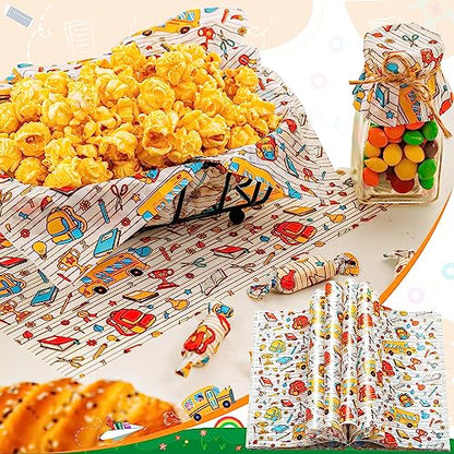 100Pcs Back to School Wax Paper Sheets for Food, Wax Paper for Food Sandwich Wrap Paper Deli Wraps, Waterproof Oil-proof Picnic Basket Liners with Bag Pattern for Kitchen Handmade Food - color: Back to School