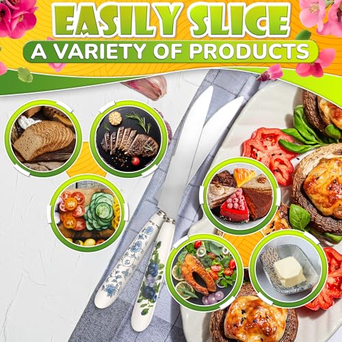 6 Pcs Butter Knife Set - 7.87 x 4.21" Floral Сheese Spreader Knives with Easy-to-Grip Ceramic Handles, Serrated Stainless Steel Blades, Polished, Dishwasher Safe - for Kitchens, Restaurants & Parties - color: Floral