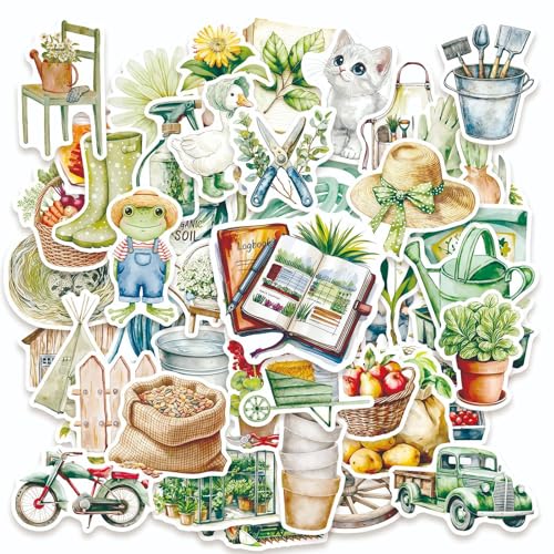 50 Pcs Cute Garden Farm Life Stickers, Vintage Plant Gardening Tool Animal Vinyl Decals, Waterproof Aesthetic Stickers for Journal Scrapbook Planner Laptop Water Bottle DIY Craft Decor - color: Garden Farm Life