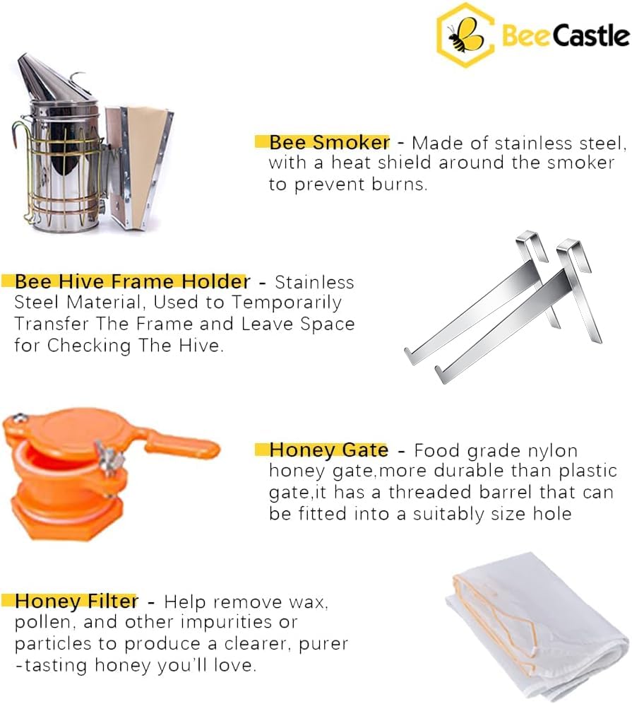 BeeCastle 10-Frame Bee Hives and Supplies Starter Kit,Beehive Kit Dipped in 100% Beeswax,Bee Keeping Supplies-All Beginners Kit Includes Beekeeping Supplies Tool Set and Bee Suit.