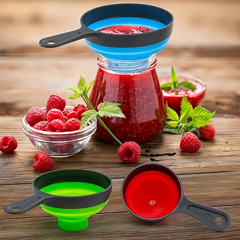 Canning Funnel Set of 3, Large Medium and Small Mouth Size Collapsible Funnel for Transfer Jam Juice Spices and Oil, Filling Mason Jar Supplies Tools Kit, Kitchen Gadget Accessories, Blue, Green, Red