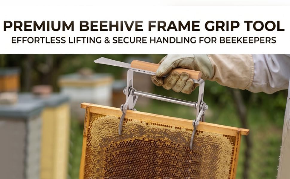 Beekeeping Frame Lifter Tool, Beehive Frame Holder with Adjustable Height Rods, Non Slip Stainless Steel Jaws and Beech Handle for Maintenance