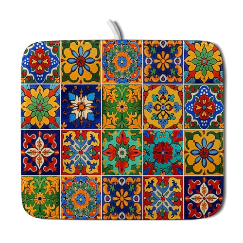 Mexican Tiles Dish Drying Mat for Kitchen Counter Absorbent Microfiber Dish Drying Pad Kitchen Gadgets Multi-use - color: Mexican Tiles Blue, size: 18" x 16"