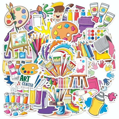 50 Pcs Cute Art Painting Supply Stickers for Kids, Colorful Paint Brush Palette Crayon Vinyl Decals, Waterproof Aesthetic Stickers for Kids Journal Scrapbook Planner School DIY Craft Decor - color: Art Painting