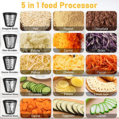 Electric Cheese Grater 5-in-1, 150W Salad Shooter & Food Slicer | Vegetable Shredder & Food Processor with 5 Stainless Steel Cones for Block Cheese, Carrots, Cabbage & Nuts, BPA-Free