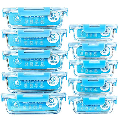 C CREST Glass Meal Prep Containers, [10 Pack] Glass Food Storage Containers with Lids, Airtight Bento Boxes, BPA Free & Leak Proof (10 Lids & 10 Containers) - color: Blue