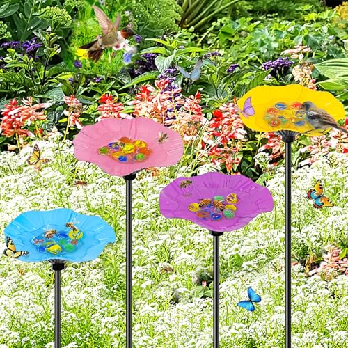 4 Pack Bee Watering Station for Garden, Metal Bee Butterfly Feeder with 40Pcs Glass Marbles, Colorful Butterfly Bee Bath Water Bowl with Flower Design for Outdoor Yard Patio Decor - style: 4 PCS-Blue & Yellow & Pink & Purple