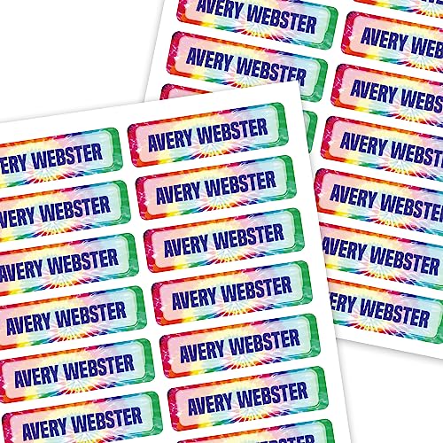 Mini Labels 1.5”x0.4” - 66-Pack Custom Name Stickers - Personalized Waterproof Name Labels for Bottles, Food Containers, School Supplies and More, Dishwasher & Microwave Safe – Tie Dye Blue - color: Tie Dye - Blue, size: 66 Labels