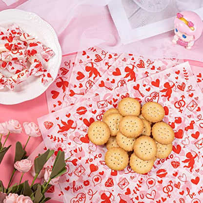 Valentine's Day Wax Paper for Food, 100 Pcs, 8.6 x 9.8 inches, Waterproof, Oil-proof, Sandwich Wrap, Candy Wrap, Picnic Basket Liners, Love Lock Pattern - color: Cupid