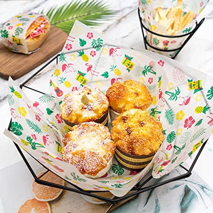 100 Pcs Hawaii Luau Wax Paper for Food, Waterproof Oil-proof Picnic Basket Liners with Leaf Pattern, 8.6 x 9.8 inches - color: Luau