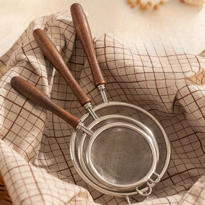 3 Pack Stainless Steel Fine Mesh Strainer Set, 304-Grade Kitchen Sieve with Wooden Handle for Tea, Baking, Cooking - Small Medium Large