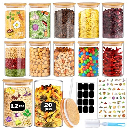 BGraceyy Glass Jars with Bamboo Lids 20 oz, 12 Pcs Stackable Kitchen Glass Pantry Storage Containers with Airtight Bamboo Lids for Rice, Candy, Sugar, Flour, Nuts, Cookie, Bean - size: 20 oz 12 pcs