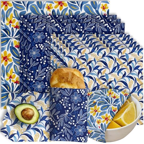 Reusable Beeswax Wrap, Blue Botanical & Floral Wraps, 9 Pack Eco-Friendly Food Storage for Sandwich, Bread & Bowl, Organic Cotton, Sustainable, Zero Waste, Plastic-Free, 1XL, 3M, 5S - color: Blue Floral3