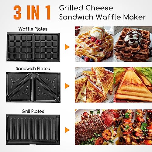 Aigostar Sandwich Maker Panini Press Grill, 3 in 1 Waffle Maker with Removable Non-stick Plates, Electric Grilled Cheese Maker, Portable Cool Touch Handle, Led Indicator Lights & Easy to Clean, 750W - color: Black