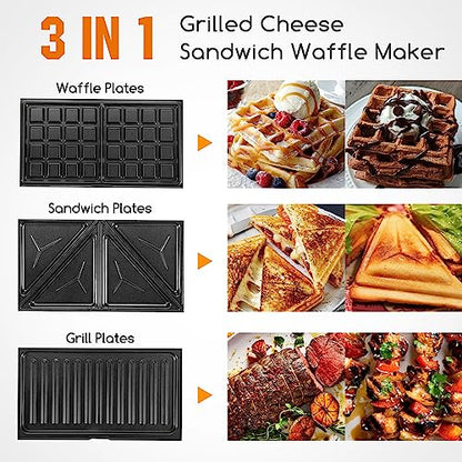 Aigostar Sandwich Maker Panini Press Grill, 3 in 1 Waffle Maker with Removable Non-stick Plates, Electric Grilled Cheese Maker, Portable Cool Touch Handle, Led Indicator Lights & Easy to Clean, 750W - color: Black