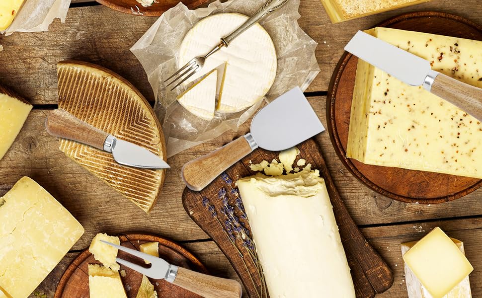 Cheese Knives 6 Set with Wooden Handle, Mini Steel Stainless Cheese knife set for Charcuterie and Cheese spread Mini Serving Tongs Spoons Forks Toothpick Flags for party Wedding Christmas - color: Wood