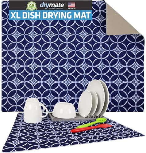 Drymate Jumbo XL Dish Drying Mat (19”x24”), Low-Profile, Super Absorbent, Quick Dry Fabric, Waterproof & Slip-Resistant, for Kitchen Counter, Trimmable, Easy to Clean (USA Made)(Indigo) - size: 19" x 24"