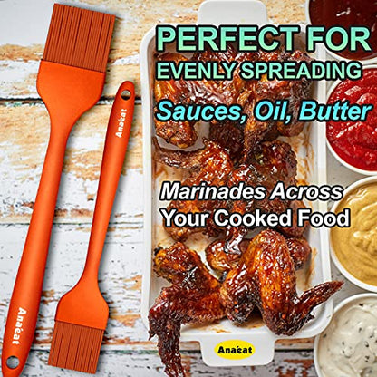 Anaeat Silicone Basting Pastry Brush- 2 Pack Heat Resistant Brushes with Soft Bristles, Hygienic Seamless Design, Marinade Brush Great in Baking for Spreading Oil Butter Sauce BBQ Grill (Orange) - color: Orange 2 Pcs (10"+8.2")
