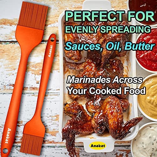 Anaeat Silicone Basting Pastry Brush- 2 Pack Heat Resistant Brushes with Soft Bristles, Hygienic Seamless Design, Marinade Brush Great in Baking for Spreading Oil Butter Sauce BBQ Grill (Orange) - color: Orange 2 Pcs (10"+8.2")