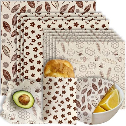 Reusable Bee&Floral Beeswax Wraps, 9 PCS Eco-Friendly Food Storage, Organic Cotton Sandwich, Snack, Bowl Covers, Zero Waste, Plastic-Free, Sustainable, 1XL, 3M, 5S - color: Brown Leaves Flowers Bees