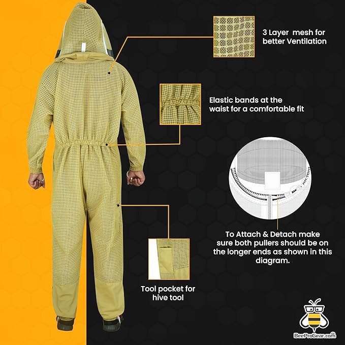 3-Layer Ultra Ventilated Mesh Beekeeping Suit for Men & Women with Veil Sting-Proof Bee Suit with Leather Gloves & Bag - color: Brown F, size: XX-Large